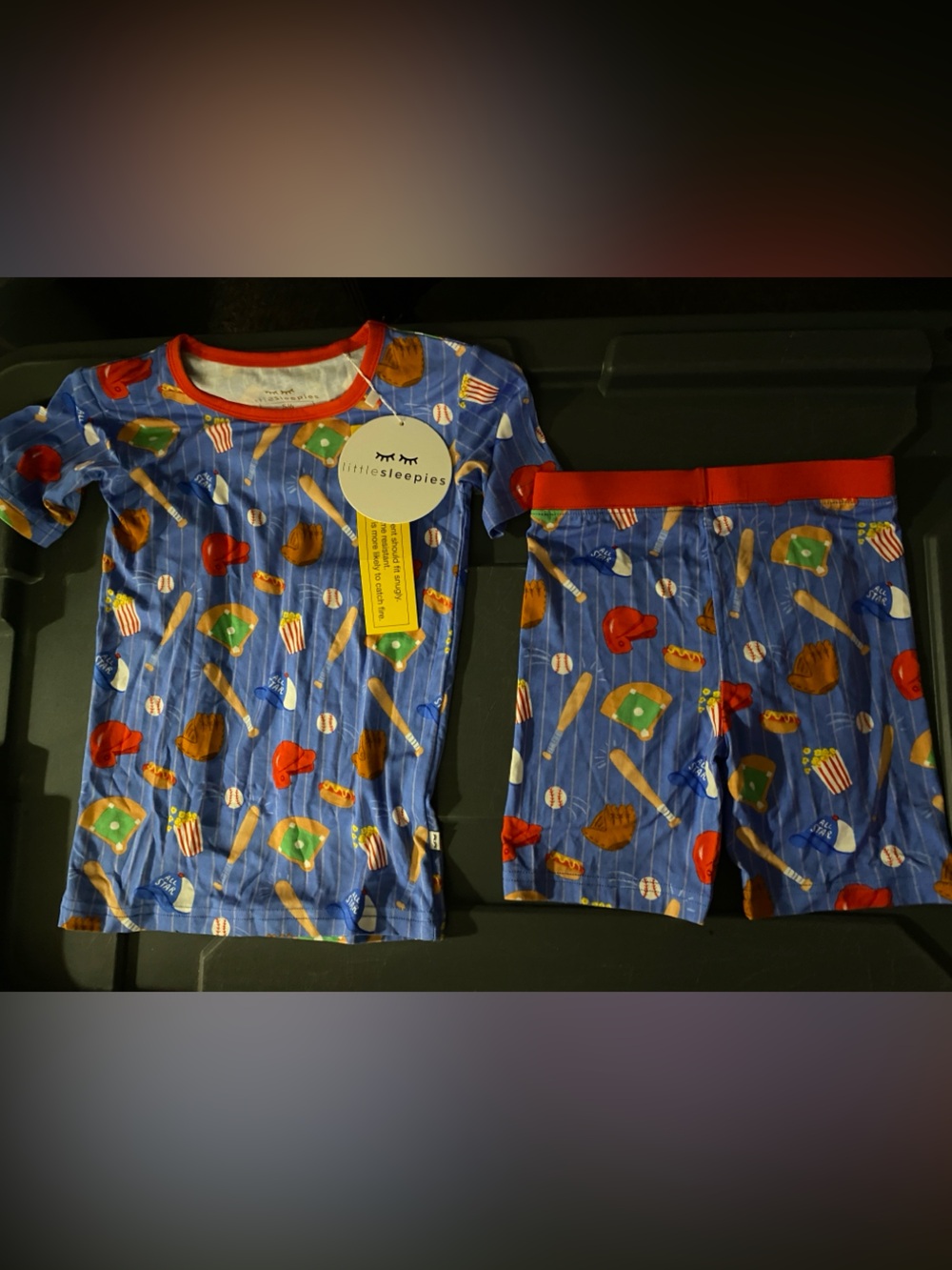 Little Sleepies Blue Baseball Print Kids Pajama Set with Red Trim 5/6 NWT